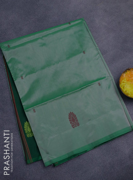 Banana pith saree pastel green and green with thread woven buttas in borderless style