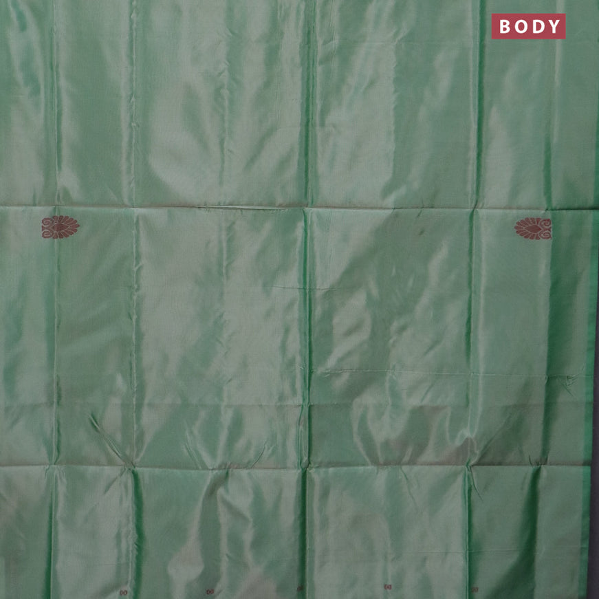 Banana pith saree pastel green and green with thread woven buttas in borderless style