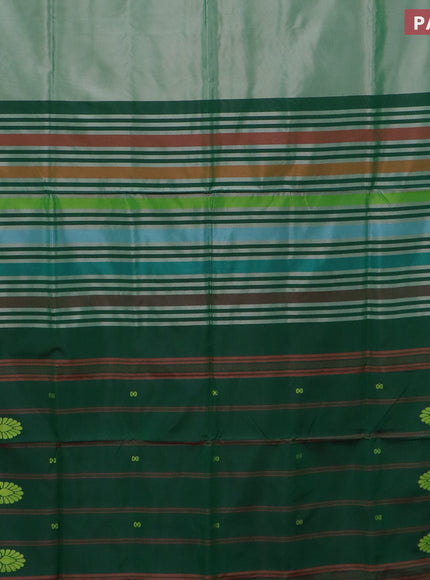 Banana pith saree pastel green and green with thread woven buttas in borderless style