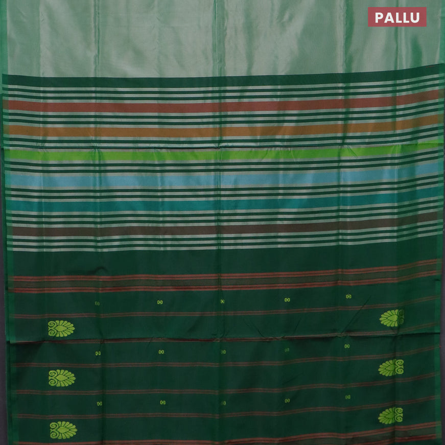 Banana pith saree pastel green and green with thread woven buttas in borderless style