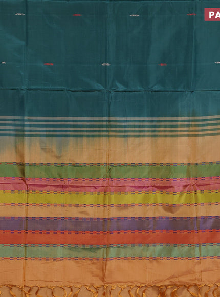 Banana pith saree green and multi colour with thread woven buttas in borderless style