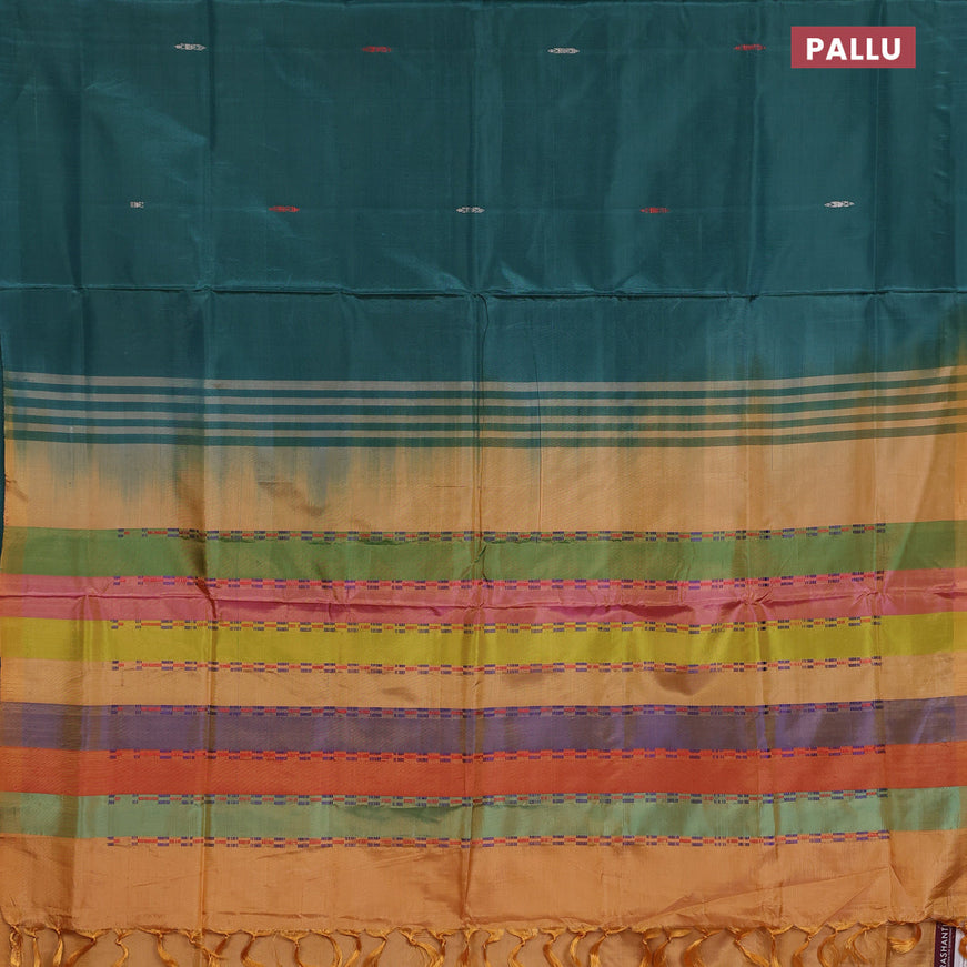 Banana pith saree green and multi colour with thread woven buttas in borderless style