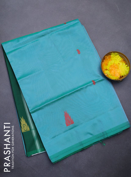 Banana pith saree teal green shade and green with thread woven buttas in borderless style