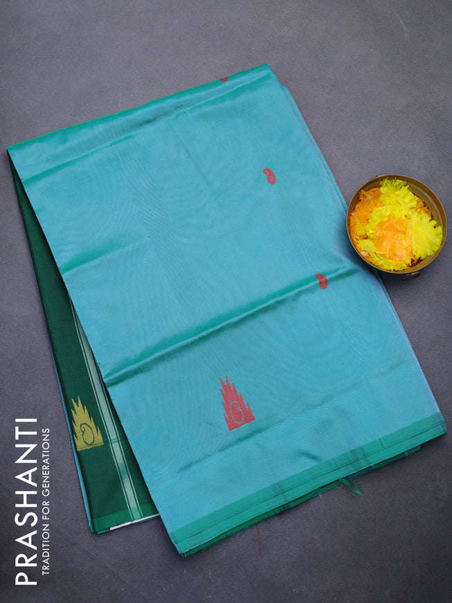 Banana pith saree teal green shade and green with thread woven buttas in borderless style