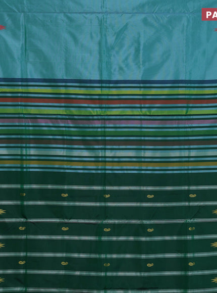 Banana pith saree teal green shade and green with thread woven buttas in borderless style