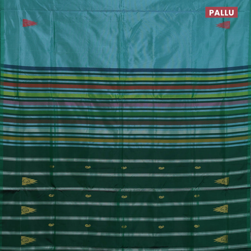 Banana pith saree teal green shade and green with thread woven buttas in borderless style