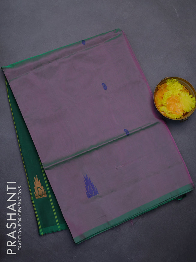 Banana pith saree dual shade of pinkish green and green with thread woven buttas in borderless style