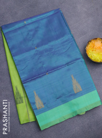 Banana pith saree dual shade of blue and light green with thread woven buttas and contrast border