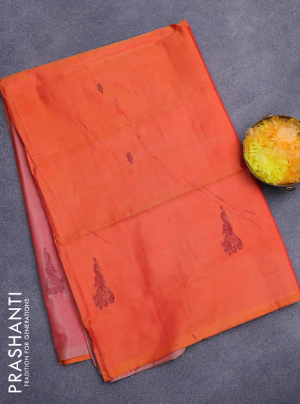 Banana pith saree orange and red shade with thread woven buttas in borderless style