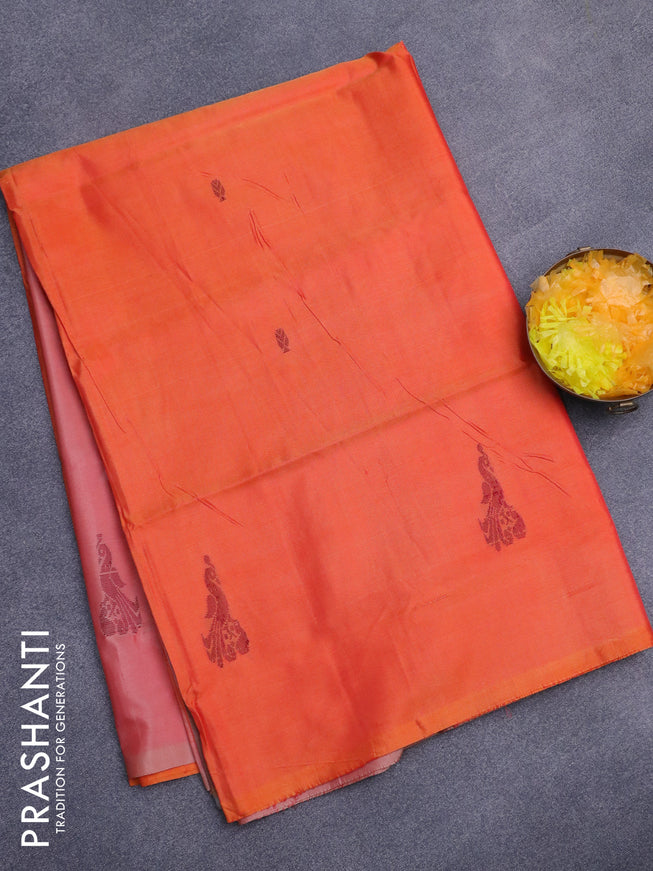 Banana pith saree orange and red shade with thread woven buttas in borderless style