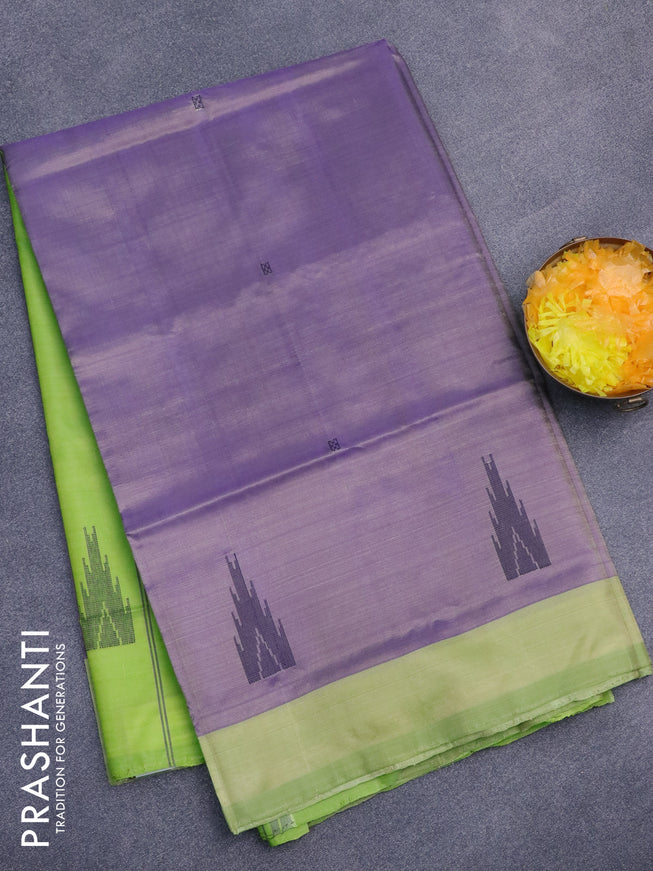 Banana pith saree lavender shade and light green with thread woven buttas in borderless style