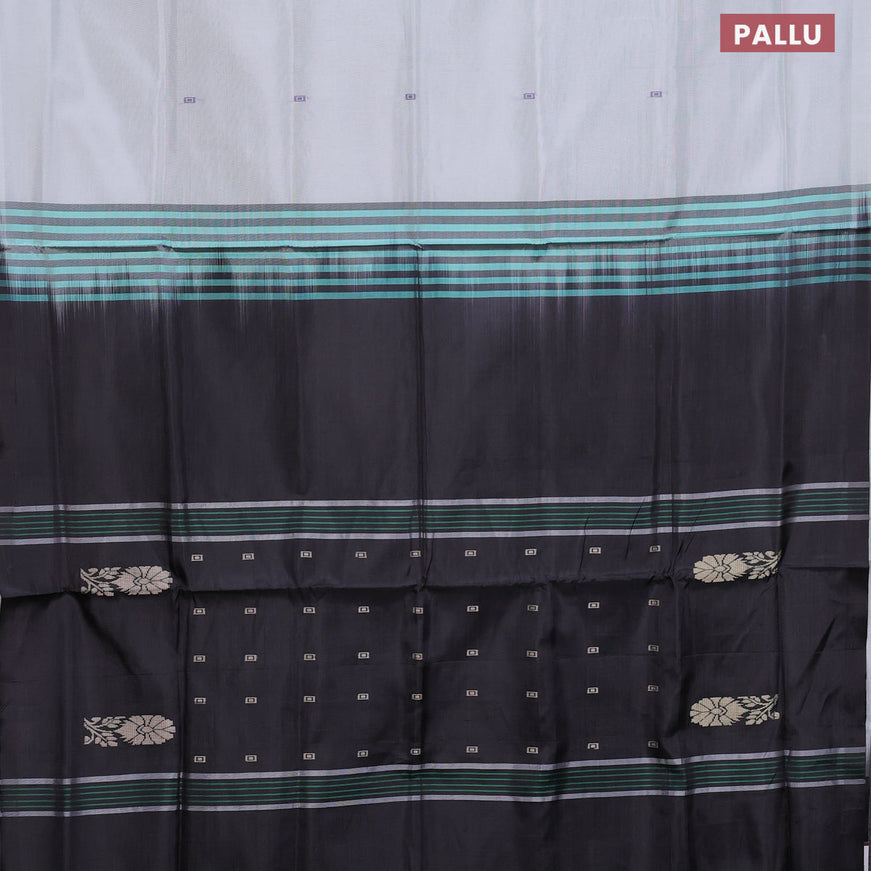 Banana pith saree pastel grey and black with thread woven buttas in borderless style