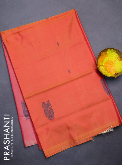 Banana pith saree dual shade of mustard and red shade with thread woven buttas in borderless style