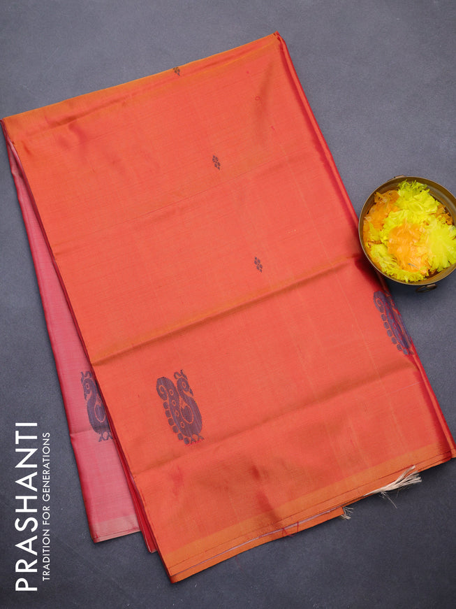 Banana pith saree dual shade of mustard and red shade with thread woven buttas in borderless style