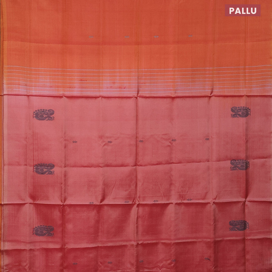 Banana pith saree dual shade of mustard and red shade with thread woven buttas in borderless style