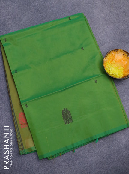 Banana pith saree green and mustard green with thread woven buttas in borderless style