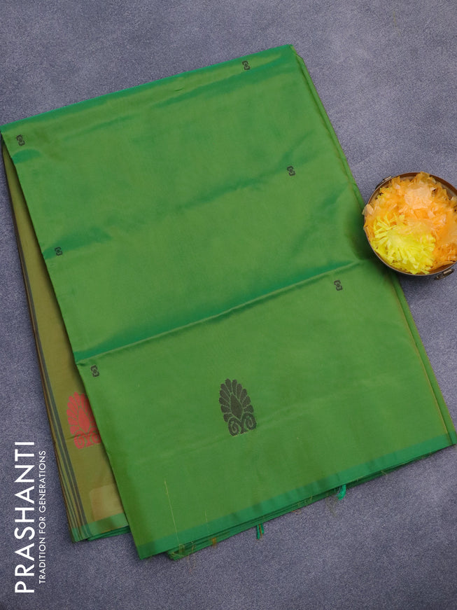 Banana pith saree green and mustard green with thread woven buttas in borderless style