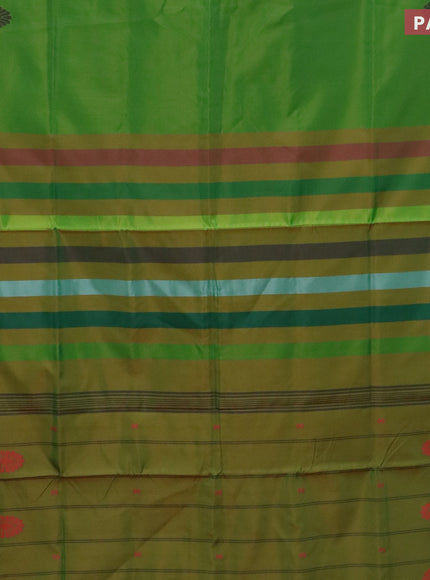 Banana pith saree green and mustard green with thread woven buttas in borderless style