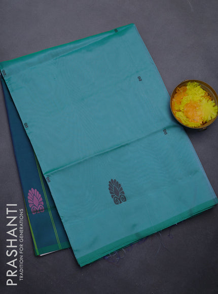 Banana pith saree green shade and dual shade of bluish green with thread woven buttas in borderless style