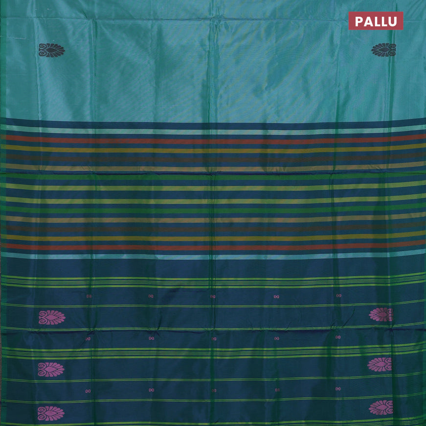 Banana pith saree green shade and dual shade of bluish green with thread woven buttas in borderless style