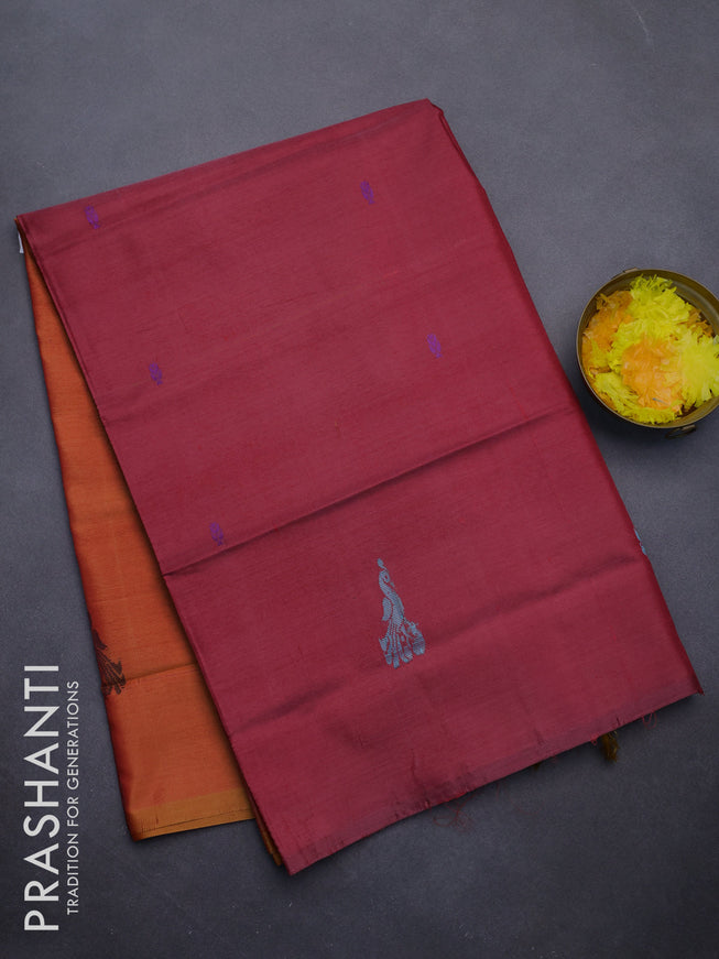 Banana pith saree maroon and orange with thread woven buttas in borderless style