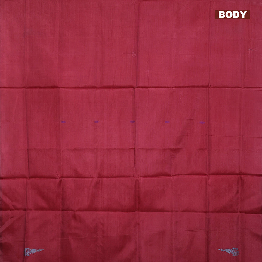 Banana pith saree maroon and orange with thread woven buttas in borderless style