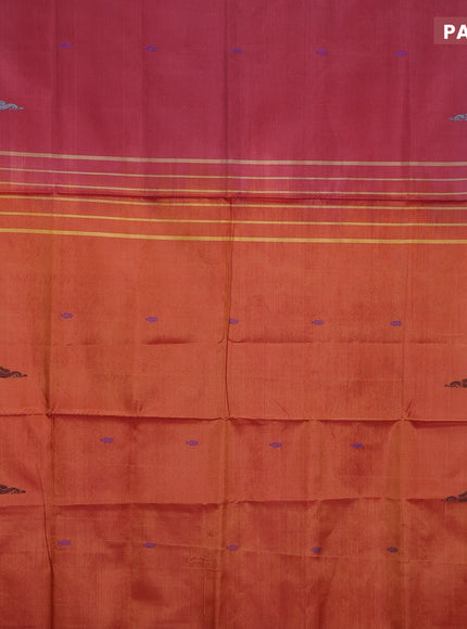 Banana pith saree maroon and orange with thread woven buttas in borderless style