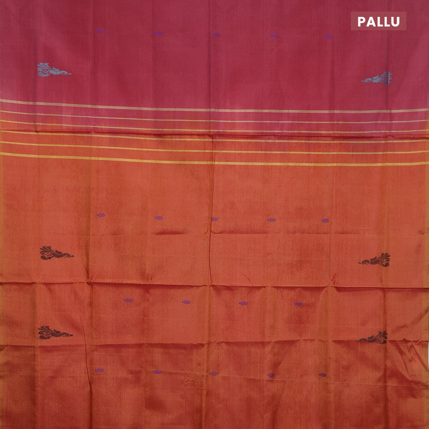 Banana pith saree maroon and orange with thread woven buttas in borderless style