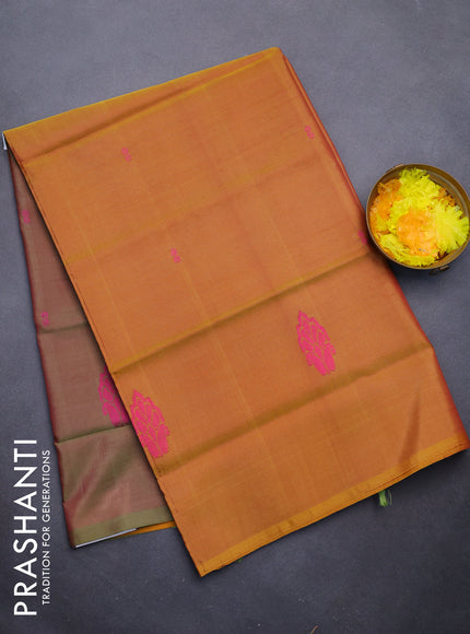 Banana pith saree mustard shade and dual shade of green with thread woven buttas in borderless style