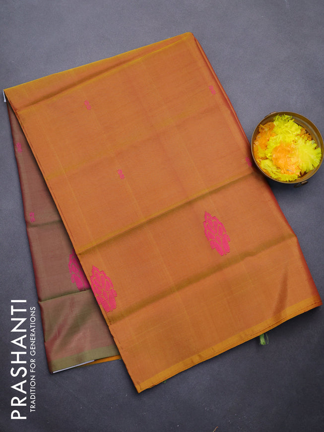 Banana pith saree mustard shade and dual shade of green with thread woven buttas in borderless style