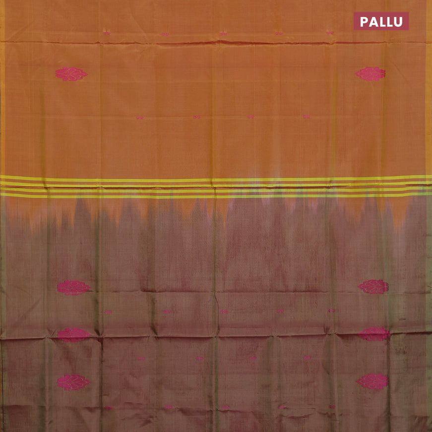 Banana pith saree mustard shade and dual shade of green with thread woven buttas in borderless style