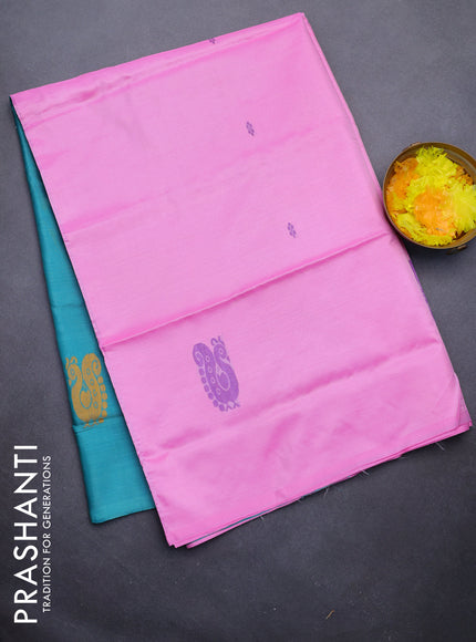 Banana pith saree light pink and teal green with thread woven buttas in borderless style