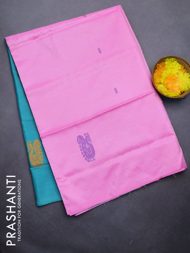 Banana pith saree light pink and teal green with thread woven buttas in borderless style