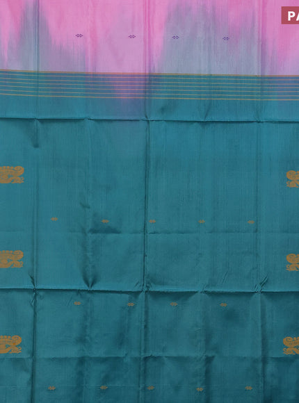 Banana pith saree light pink and teal green with thread woven buttas in borderless style