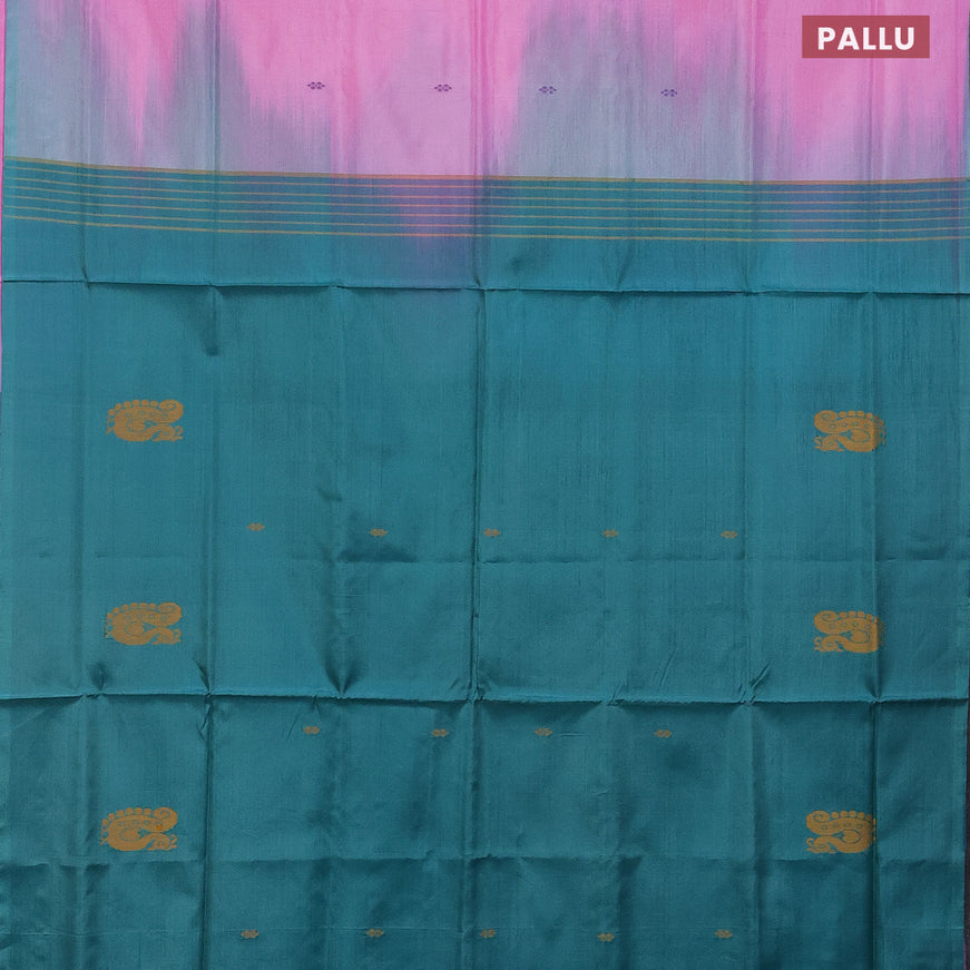 Banana pith saree light pink and teal green with thread woven buttas in borderless style