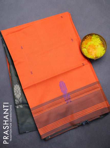 Banana pith saree orange and greyish green with thread woven buttas and contrast border