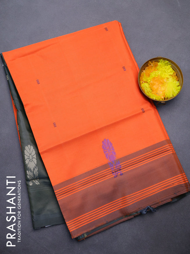 Banana pith saree orange and greyish green with thread woven buttas and contrast border