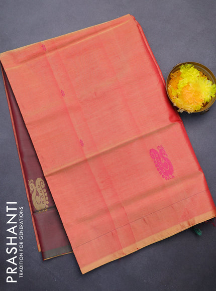 Banana pith saree dual shade of yellowish pink and dual shade of greenish pink with thread woven buttas in borderless style