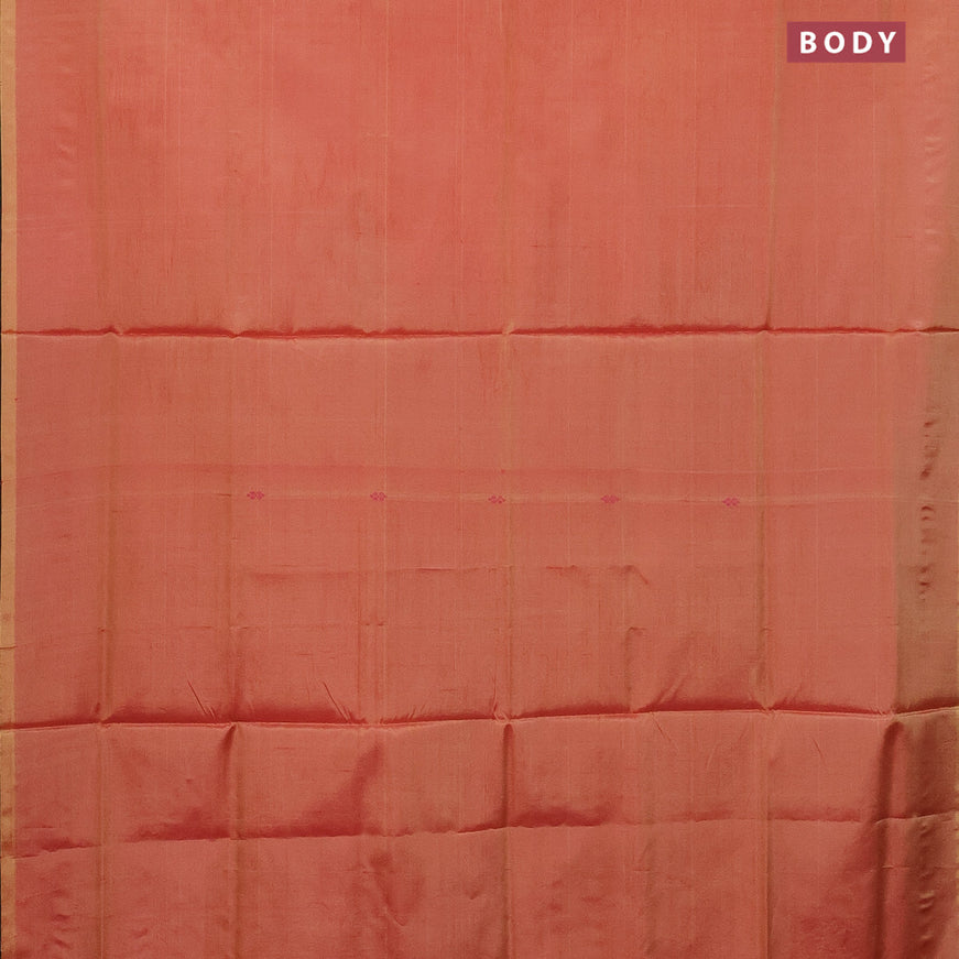 Banana pith saree dual shade of yellowish pink and dual shade of greenish pink with thread woven buttas in borderless style