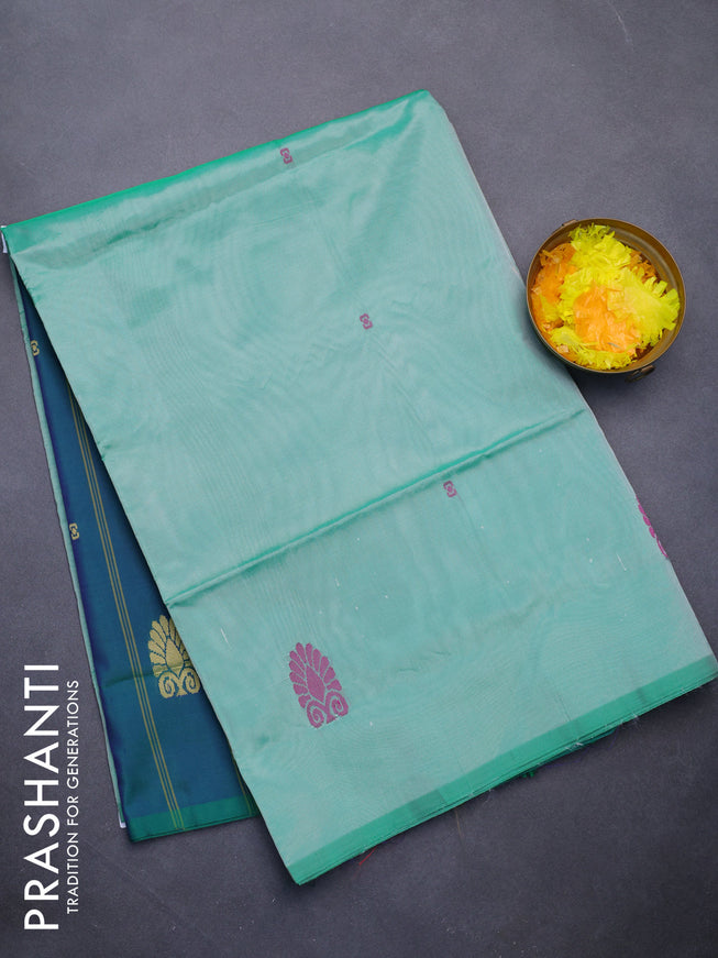 Banana pith saree green and dual shade of greenish blue with thread woven buttas in borderless style