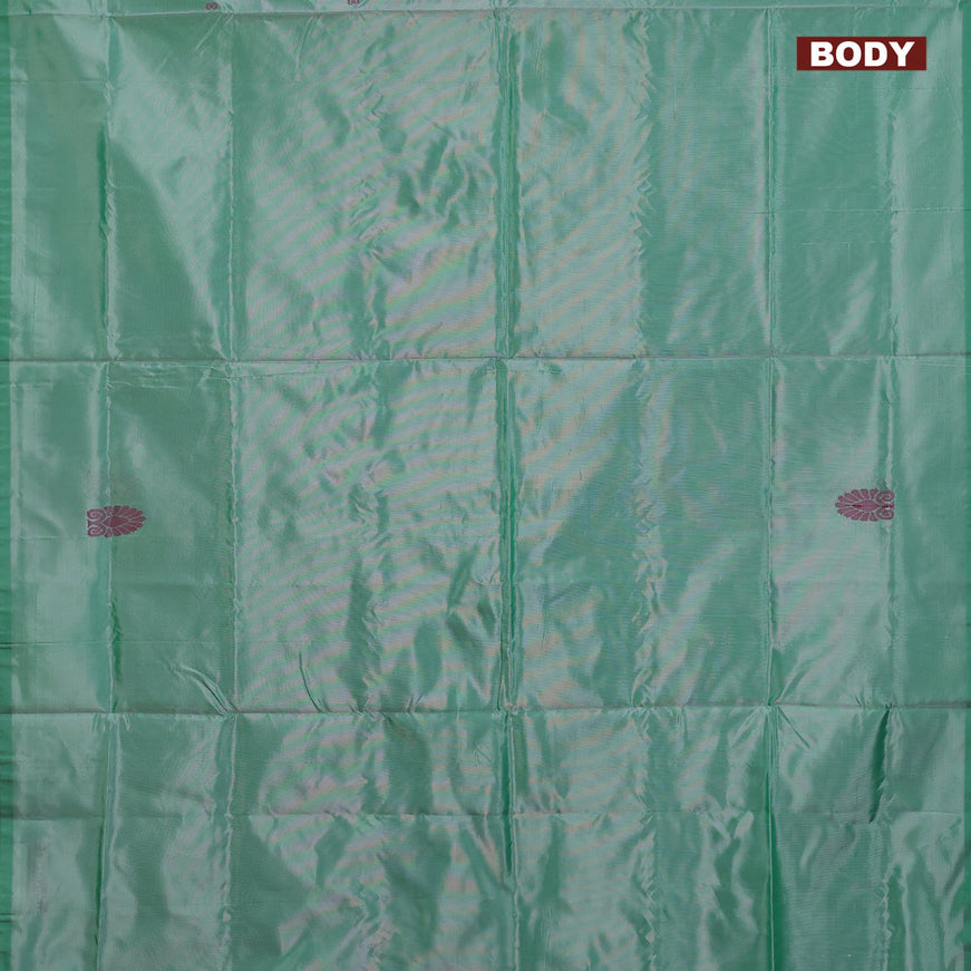 Banana pith saree green and dual shade of greenish blue with thread woven buttas in borderless style