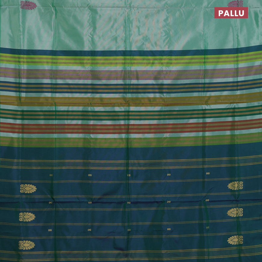 Banana pith saree green and dual shade of greenish blue with thread woven buttas in borderless style