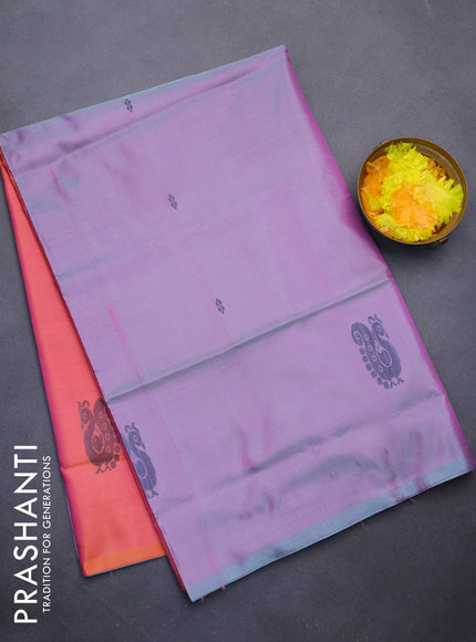 Banana pith saree dual shade of pinikish blue and dual shade of pinkish orange with thread woven buttas in borderless style