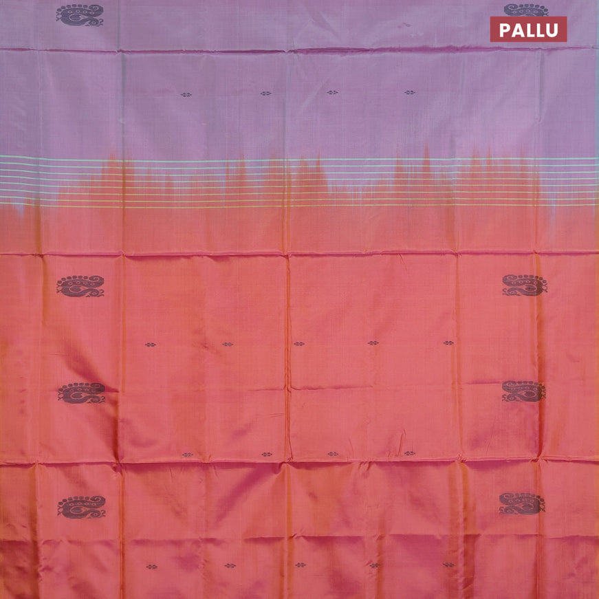 Banana pith saree dual shade of pinikish blue and dual shade of pinkish orange with thread woven buttas in borderless style