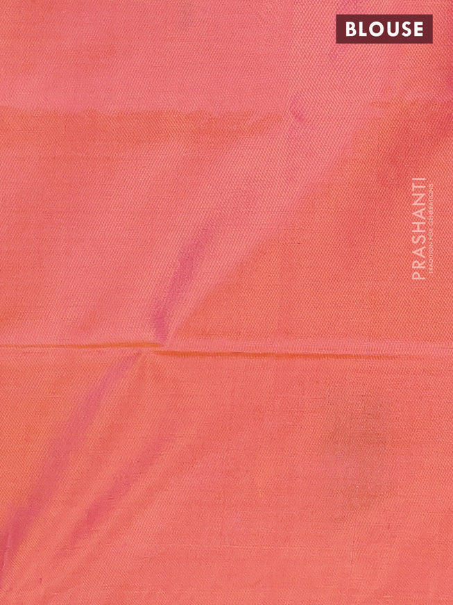 Banana pith saree dual shade of pinikish blue and dual shade of pinkish orange with thread woven buttas in borderless style