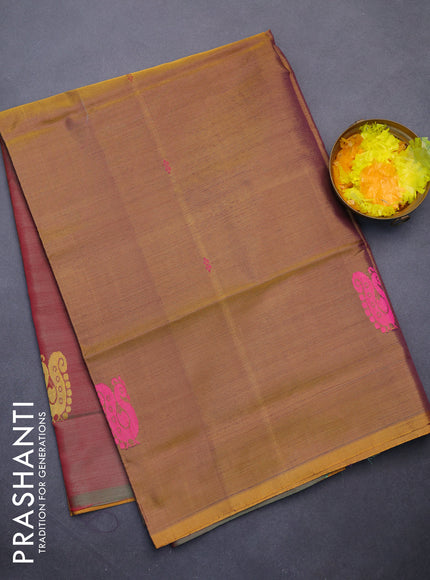 Banana pith saree dual shade of mustard and dual shade of pinkish green with thread woven buttas in borderless style