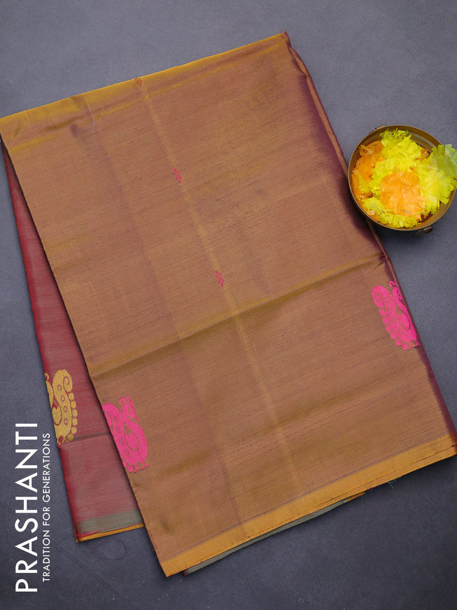 Banana pith saree dual shade of mustard and dual shade of pinkish green with thread woven buttas in borderless style