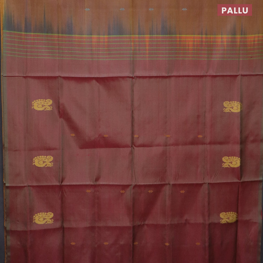 Banana pith saree dual shade of mustard and dual shade of pinkish green with thread woven buttas in borderless style