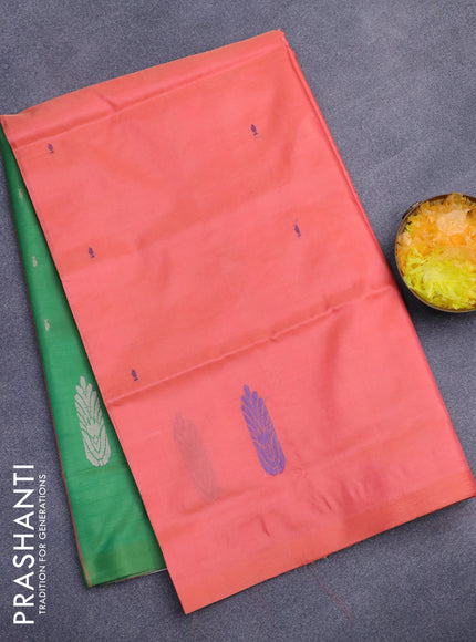 Banana pith saree peach pink shade and green with thread woven buttas in borderless style