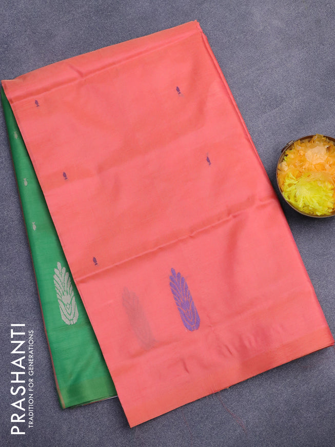 Banana pith saree peach pink shade and green with thread woven buttas in borderless style